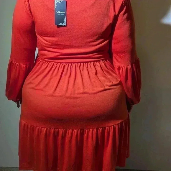 Celkuser Plus Size Long Lantern Sleeves Loose V-Neck Babydoll Dress with Pockets - Picture 3 of 13